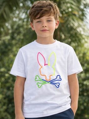 Psycho Bunny Youth S 7/8 White Tee Neon Skull Logo Pima Cotton Shirt Unisex NWOT